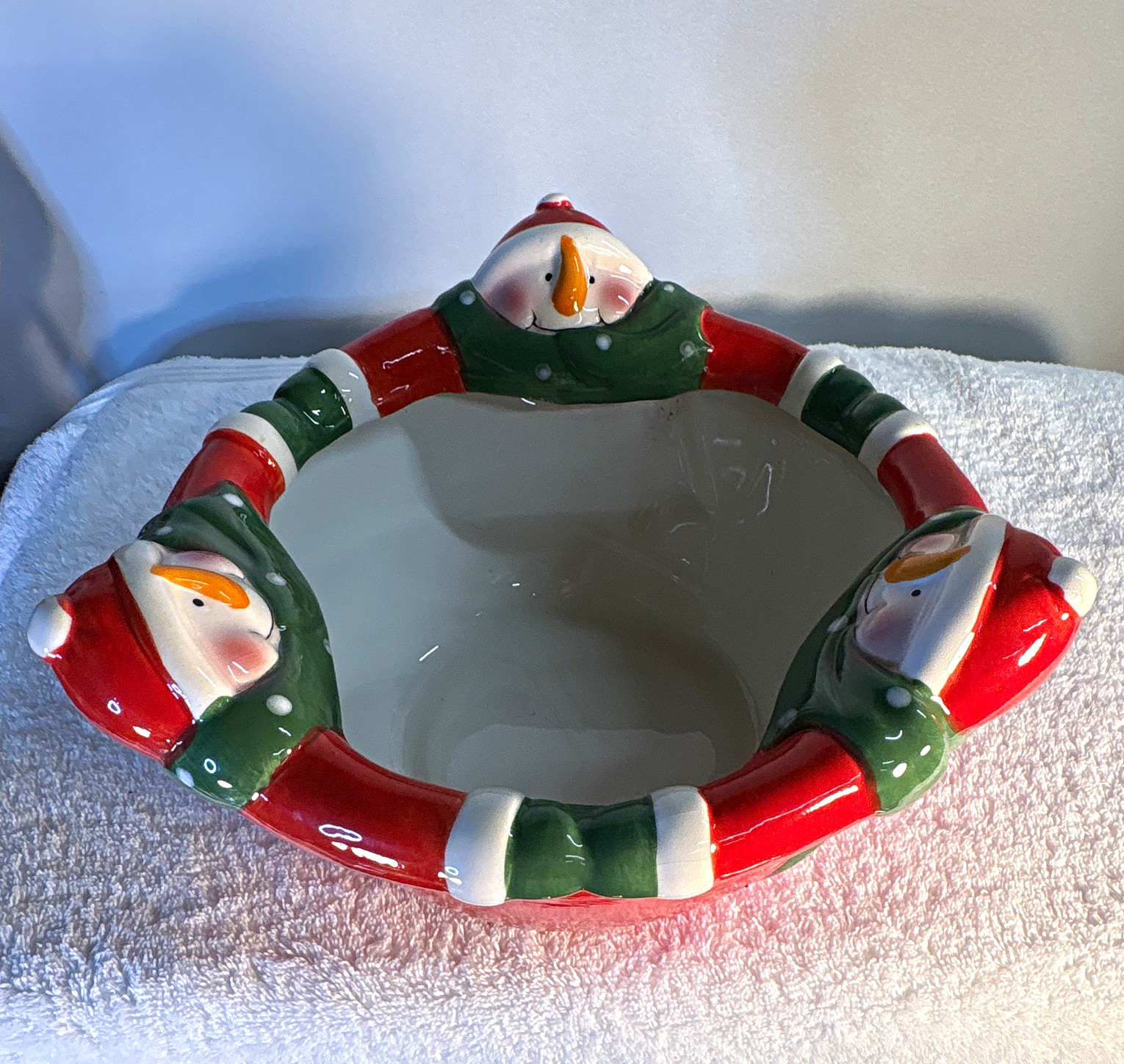 TT Collections Large Handmade Ceramic Snowman Container Bowl plant candy tree 