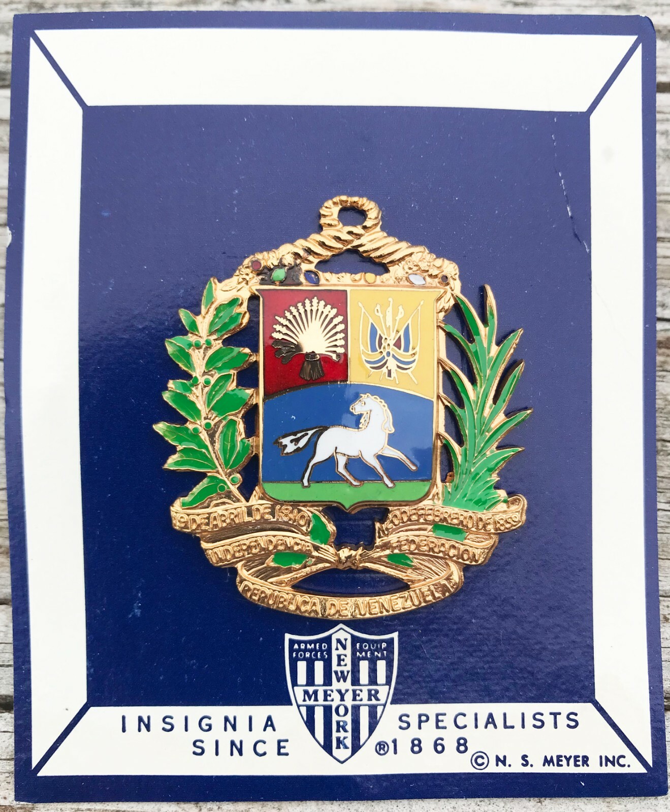 Vintage VENEZUELA  ARMY GENERAL Venezuelan Visor Hat Cap Badge by N.S. Meyer Co.