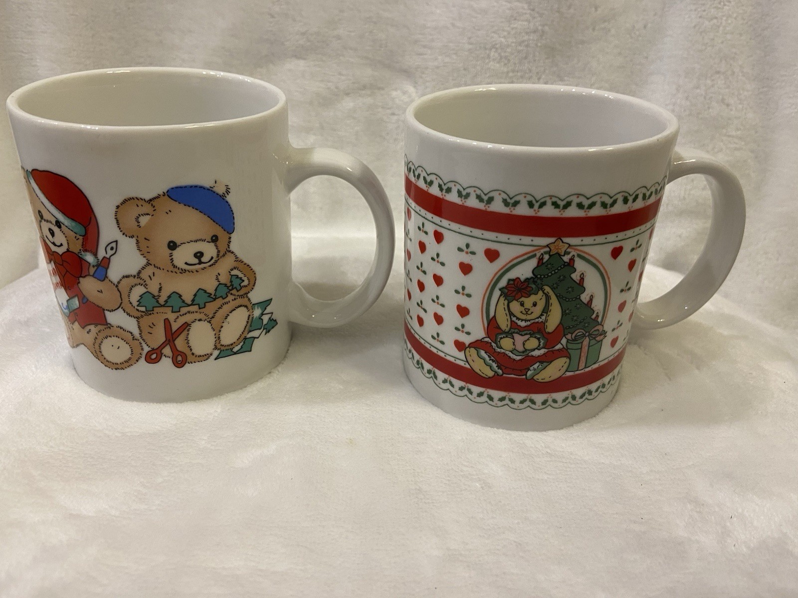 Vintage World Bazaars  Christmas Teddy Bear & Bunny Mugs Set 2 Holiday Ceramic