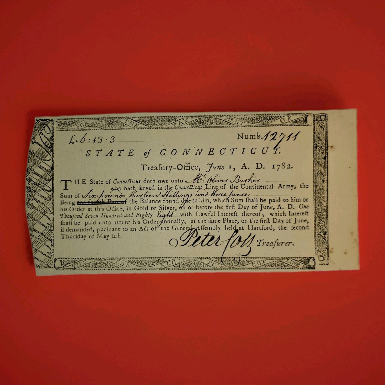 1782 Revolutionary War Connecticut Pay Certificate Oliver Barker Peter Colt...