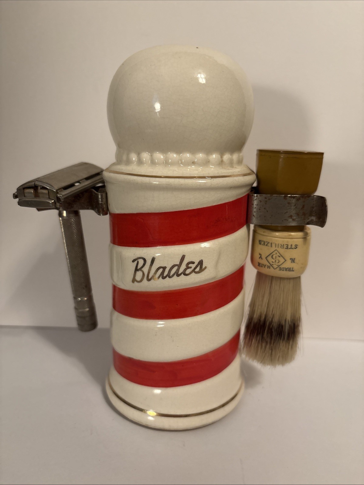 vintage ceramic Barber pole used razor blade storage w/ shaing brush & Gillette