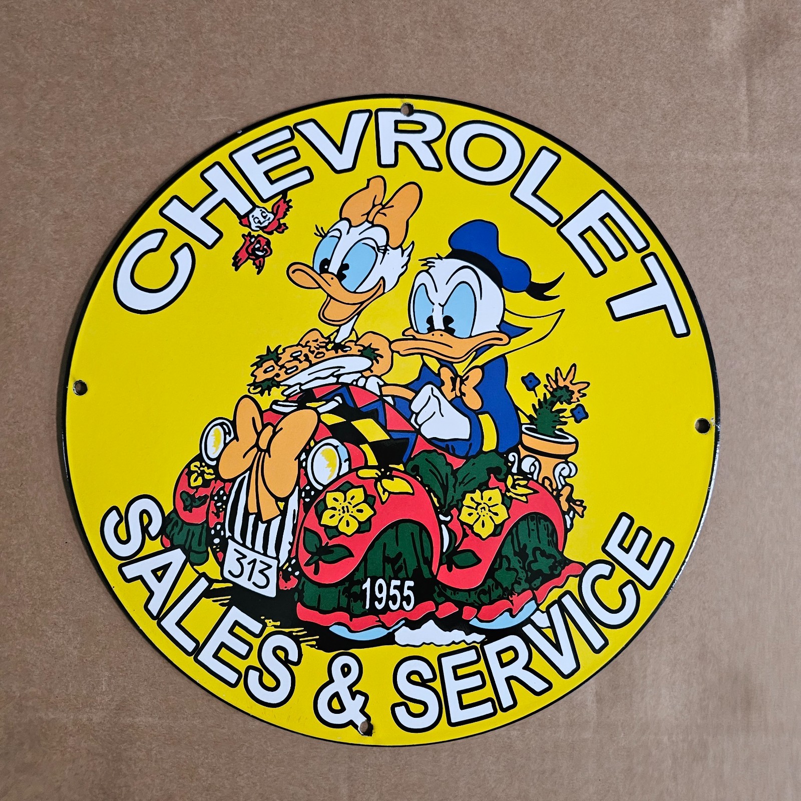VINTAGE 1955 CHEVROLET DUCK OLD US GASOLINE OIL GAS PUMP ENAMEL PORCELAIN SIGN