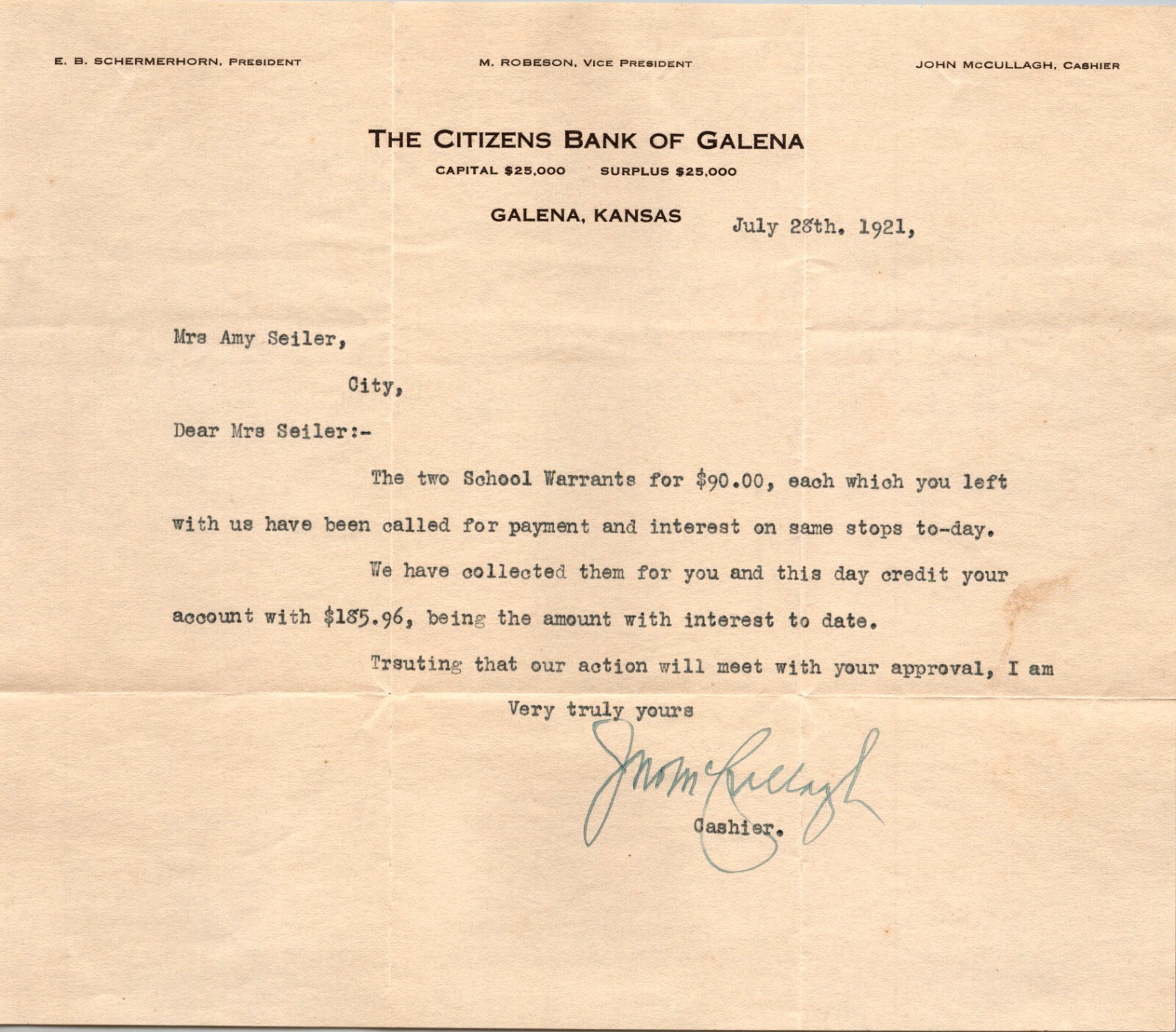 Citizens Bank of Galena Kansas 1921 Letterhead