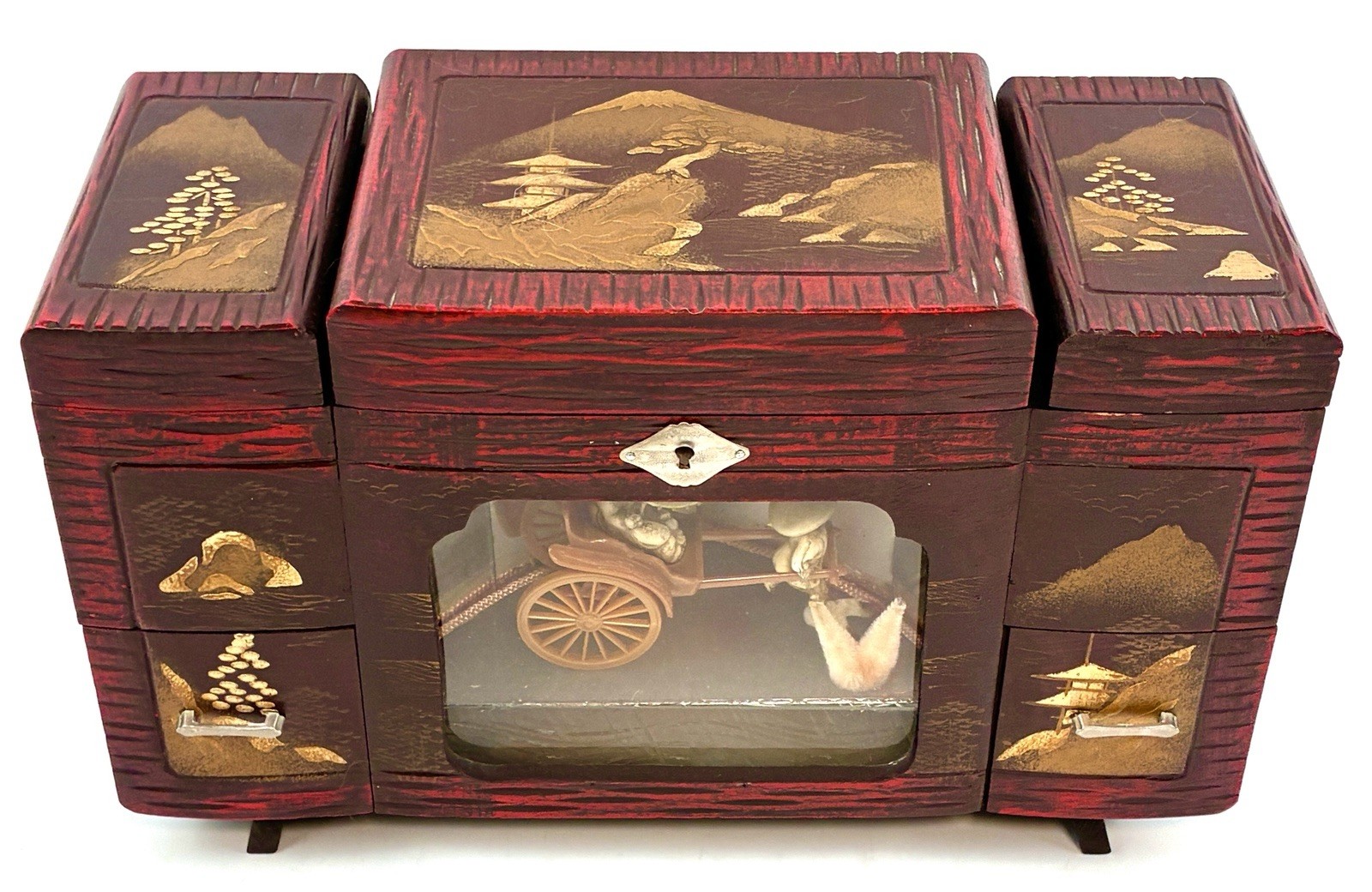 Vtg🔥RARE COLOR Japanese Gold Red Music GREAT Jewelry Box Rickshaw Diorama MCM