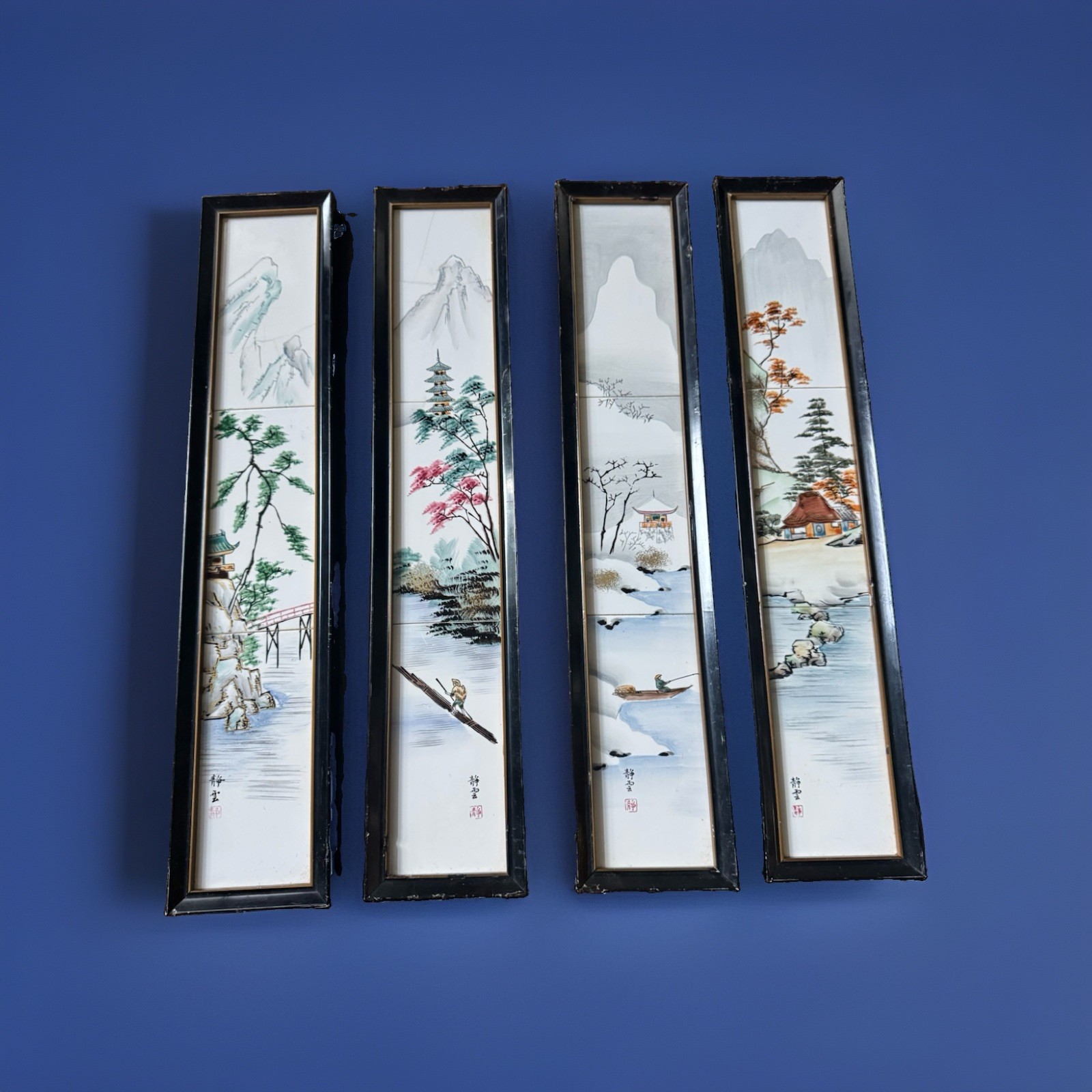 Vintage MCM Japanese Tile Art Hand Painted Signed Framed Wall Hangings 4 Panels