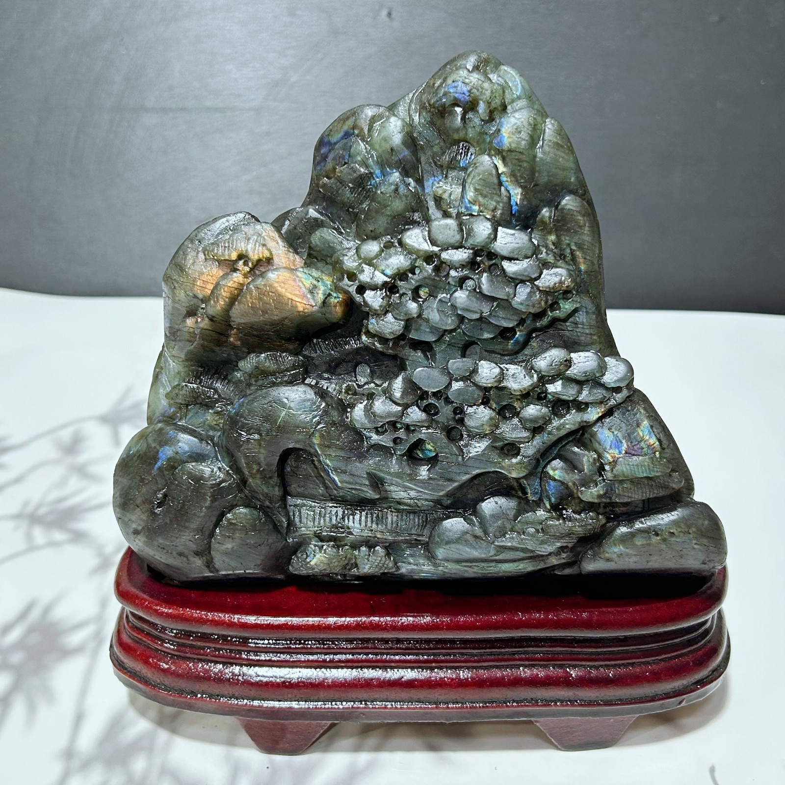 5.6LB Natural Labradorite Quartz Crystal Hand-Carved Mountain Scenery Sculpture