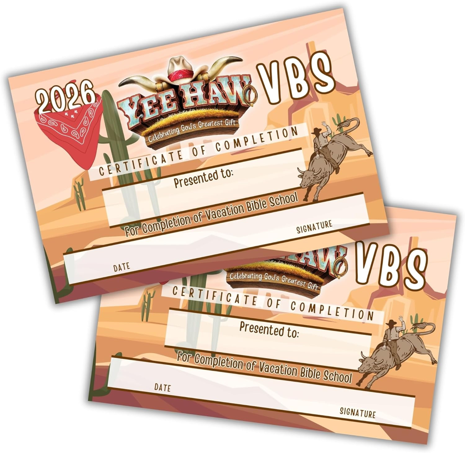 2026 VBS Yeehaw Certificate of Completion 50Pk 6X9” Country Vacation Bible Schoo