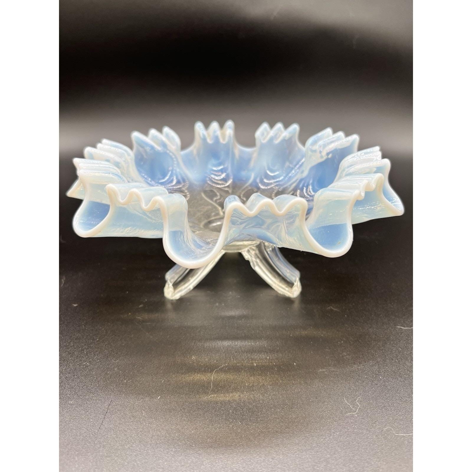Antique Dugan Daisy and Plume Opalescent Blue Glass Footed Bowl Ruffled 1906