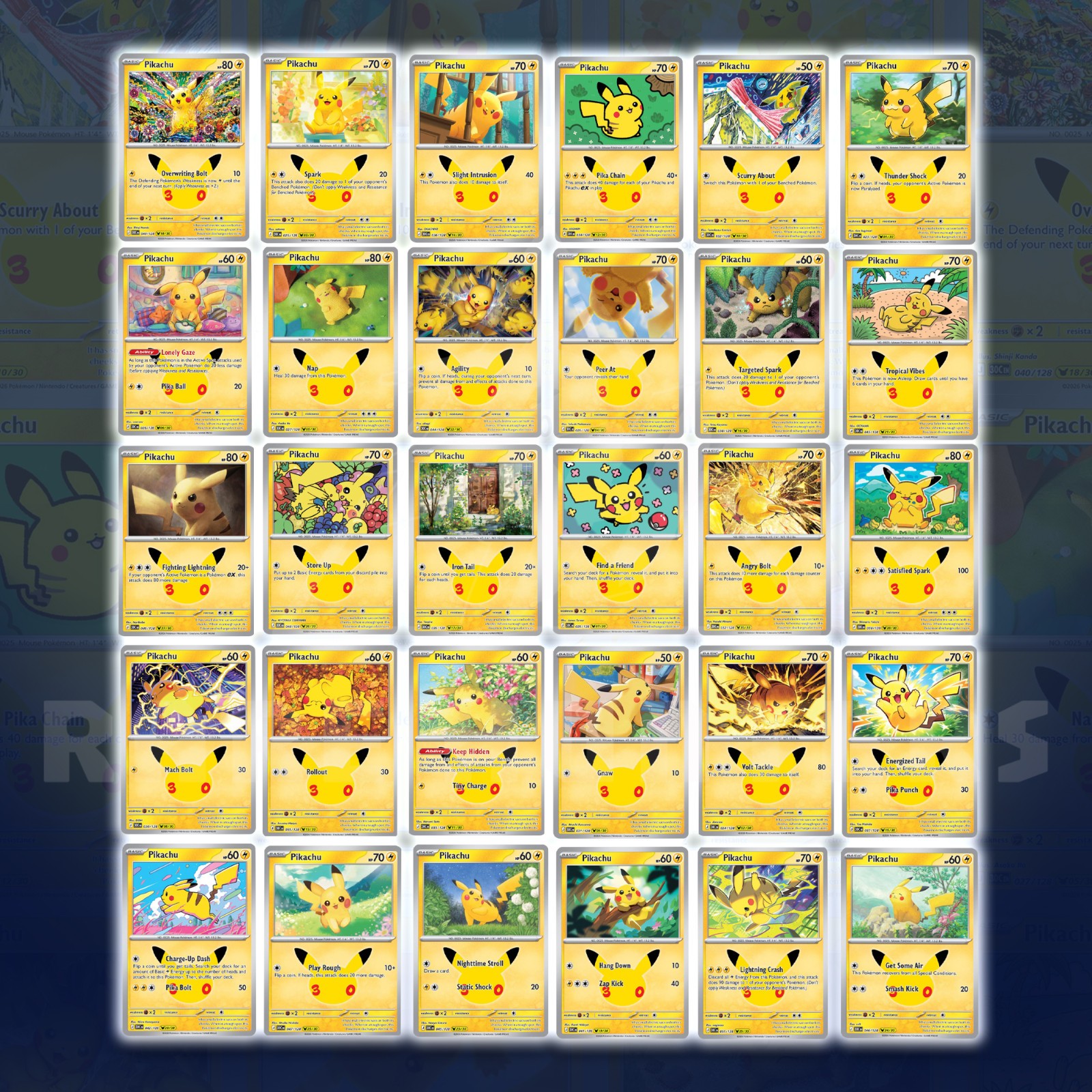 Pikachu Complete set 30th Celebration Pikachu Rare Bundle 30/30 English POKEMON
