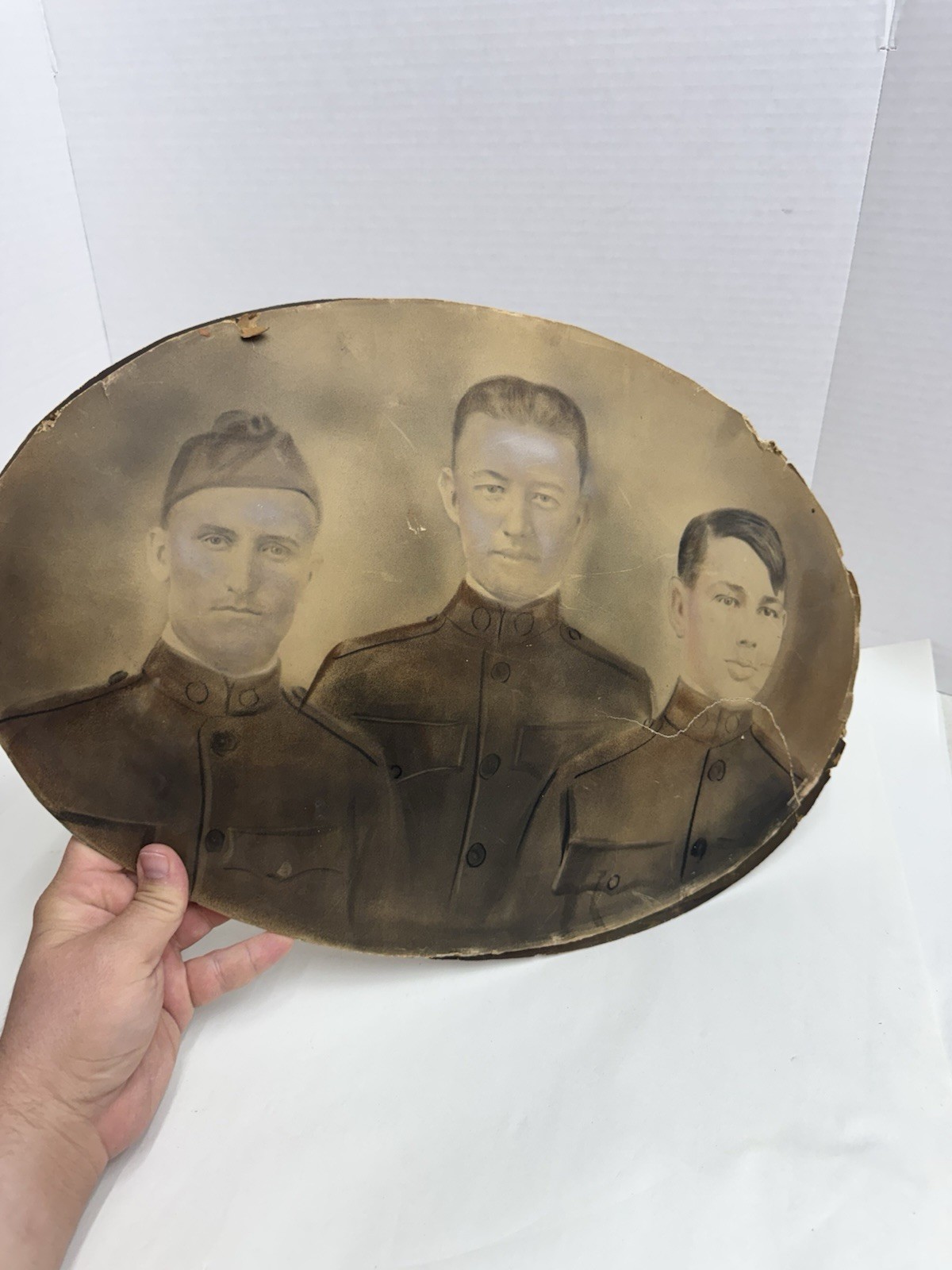 Antique WWI US Army 3 Soldier Crayon Enlargement Portrait Oval Doughboys 20in