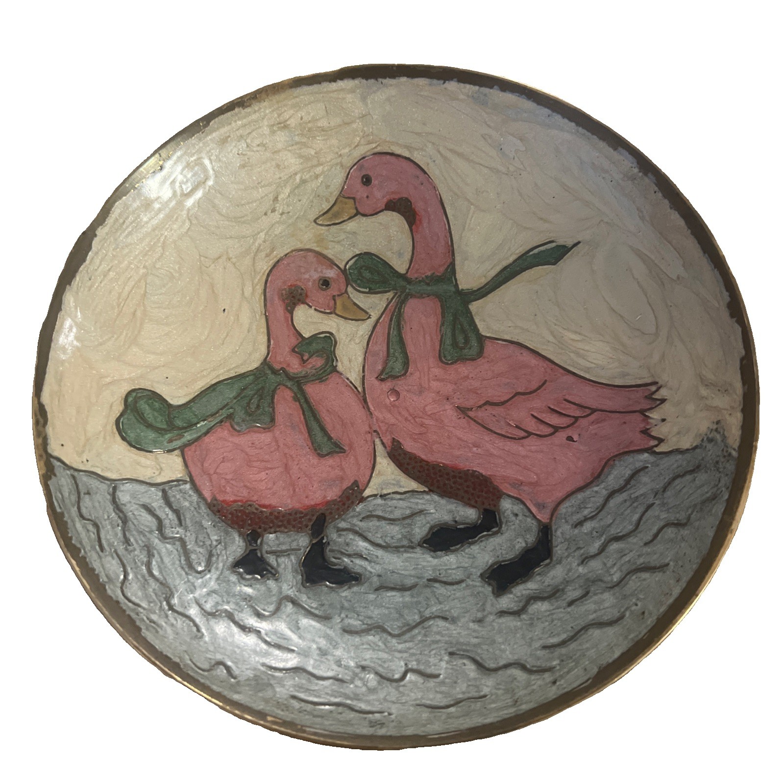 VTG Brass Enamel Duck Trinket Dish Bowl 6.75” Catchall Mid Century Pink Green