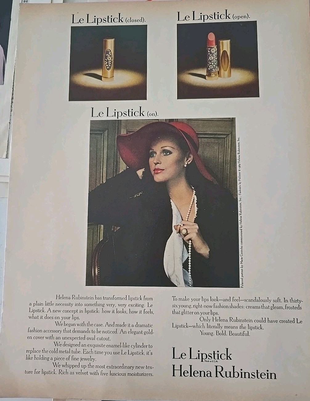 1970 Helena Rubinstein Le Lipstick cosmetics Halston Fashion vintage ad
