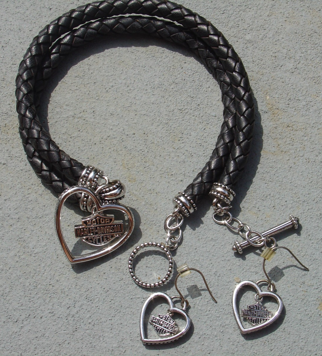 FM 2005 Harley Davidson Sterling Silver Heart Pendant Leather Necklace Earrings