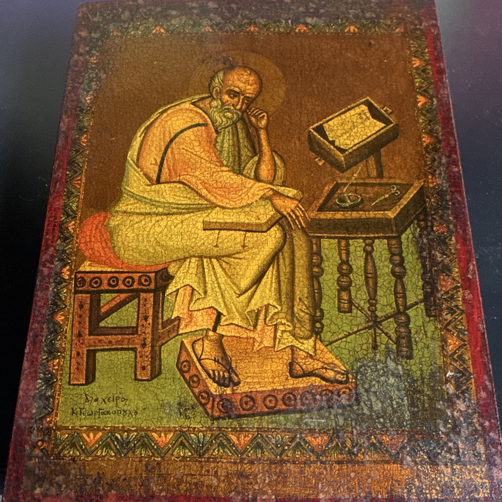 Antique Byzantine Style Wood Icon Of Saint Matthew the Evangelist