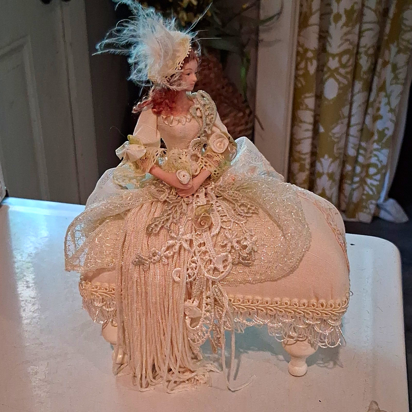 Victorian Handmade Fabric Lady Figurine - Ivory White Floral Matte Finish