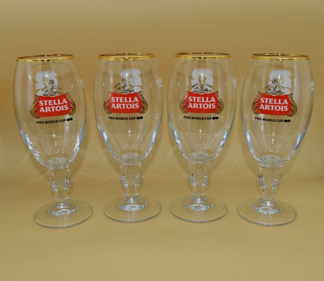 4 Stella Artois 40cl FIFA World Cup 2026 Gold Rimmed Beer Glass Chalices Soccer