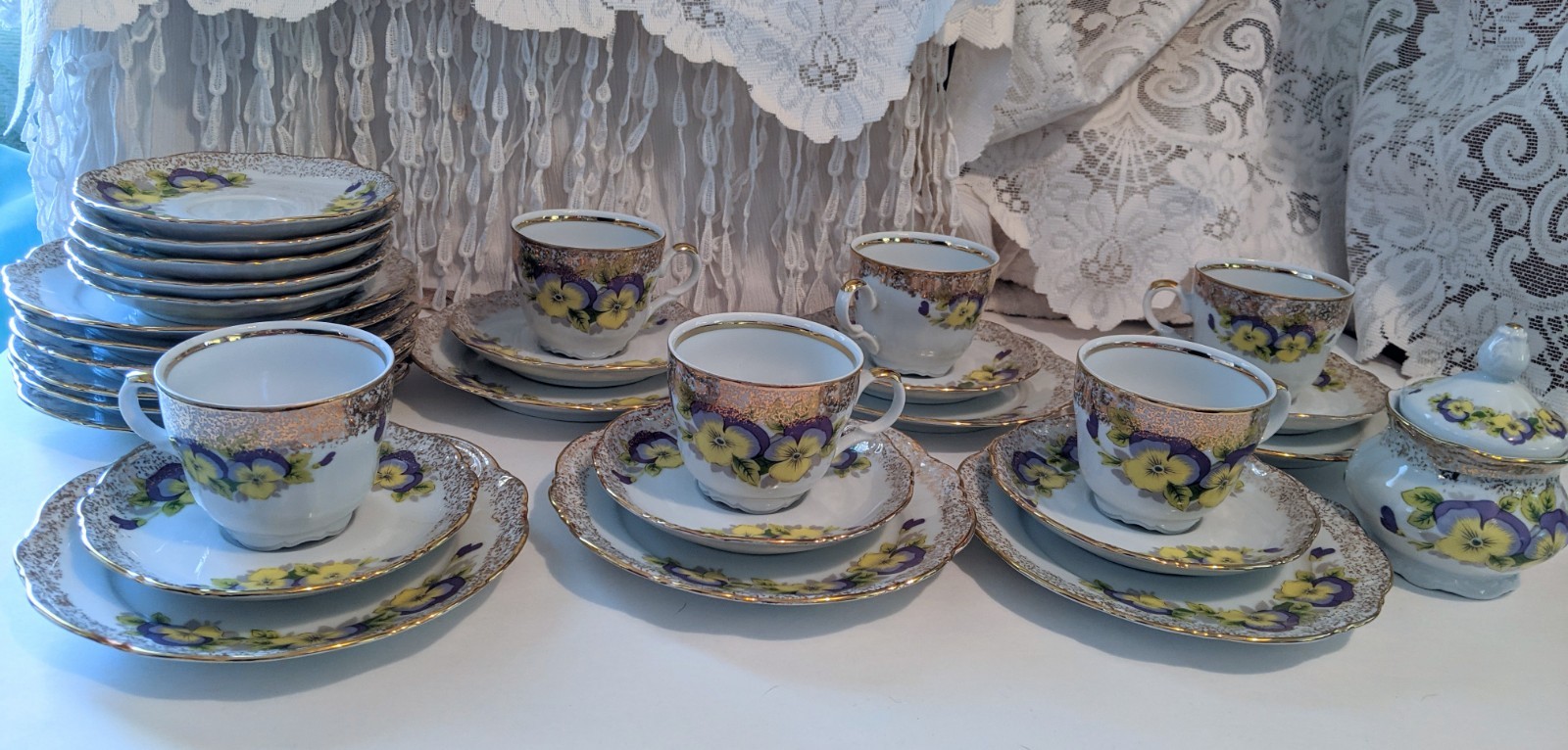 Vintage Mitterteich Bavaria Porcelain Tea Trio – Pansy Floral, Gold Trim