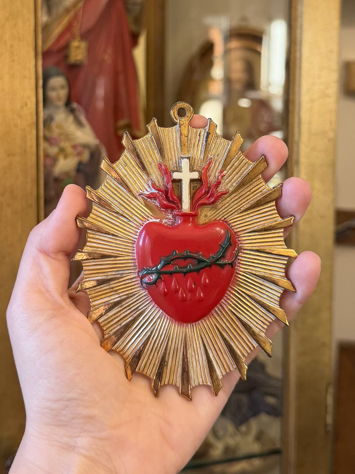 Antique Sacred Heart Brass Metal Casket Plaque Religious Mourning Oddity