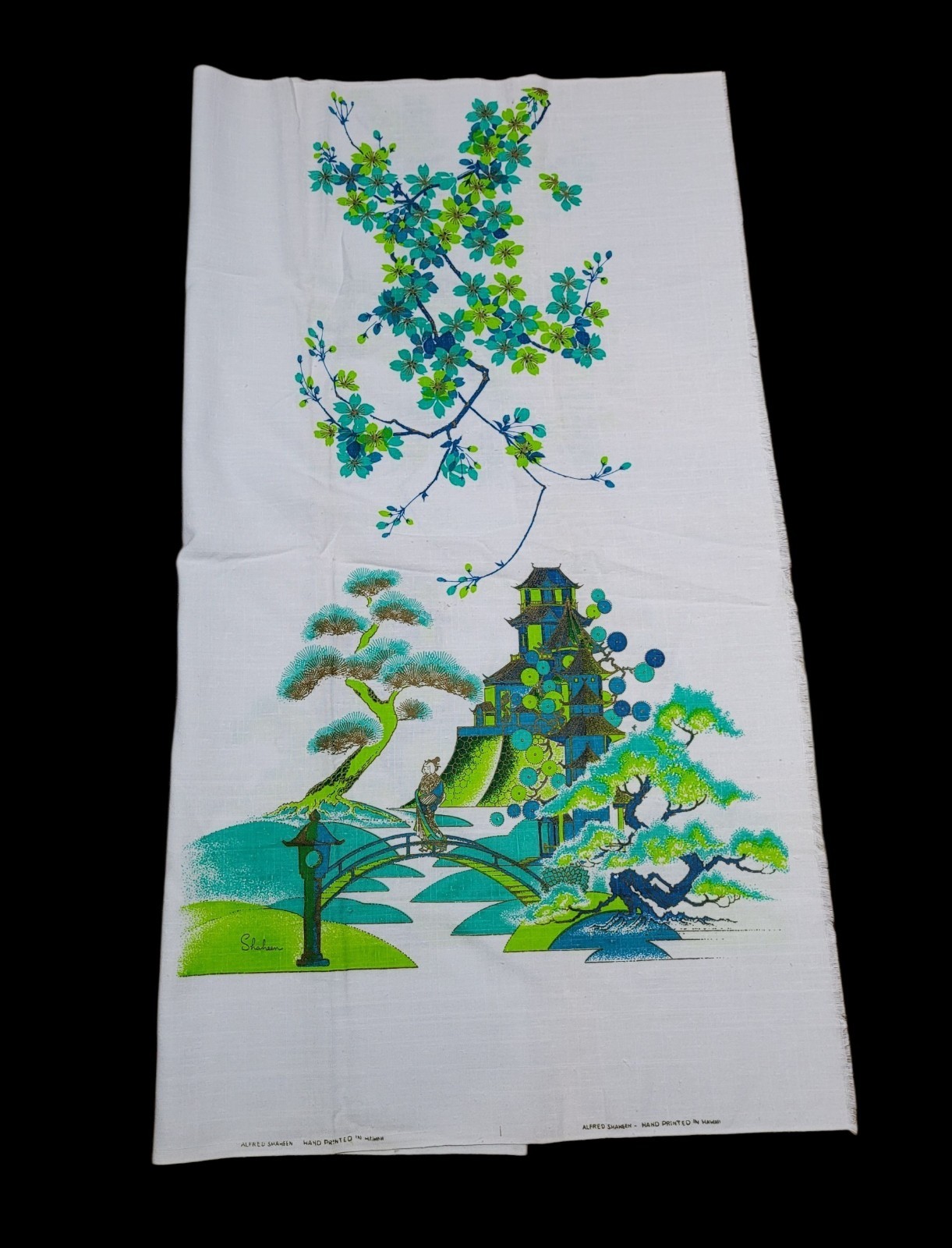 Vintage Alfred Shaheen Hand Printed Fabric Oriental Asian 2 Yards