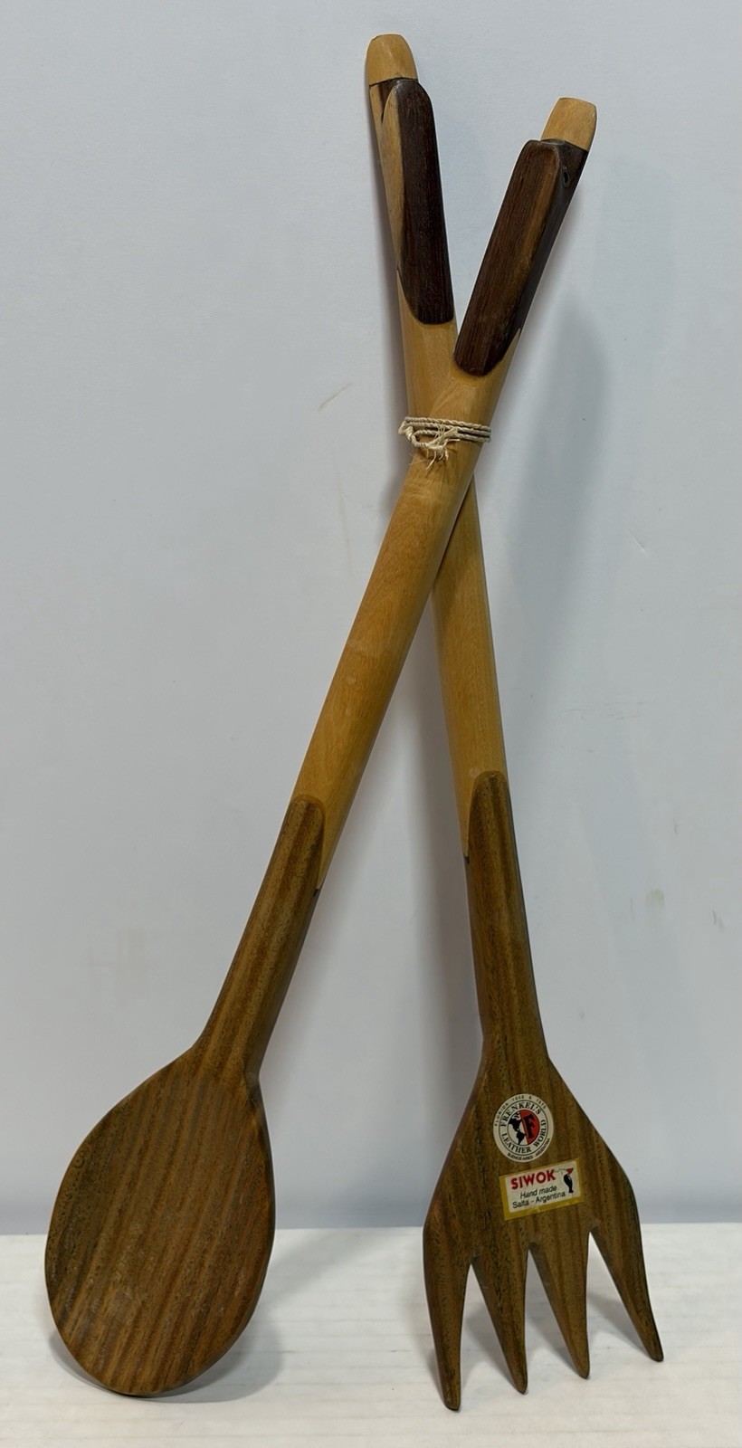 Vtg Siwok Wichi Carved Wood Fork Spoon Salad Set Frenkel's Leather Argentina