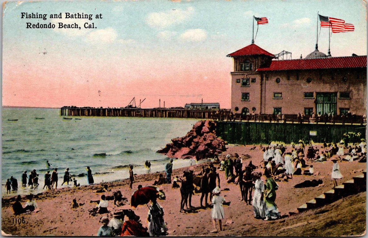 c1914 Fishing & Bathing at Redondo Beach California CA Los Angeles Postcard