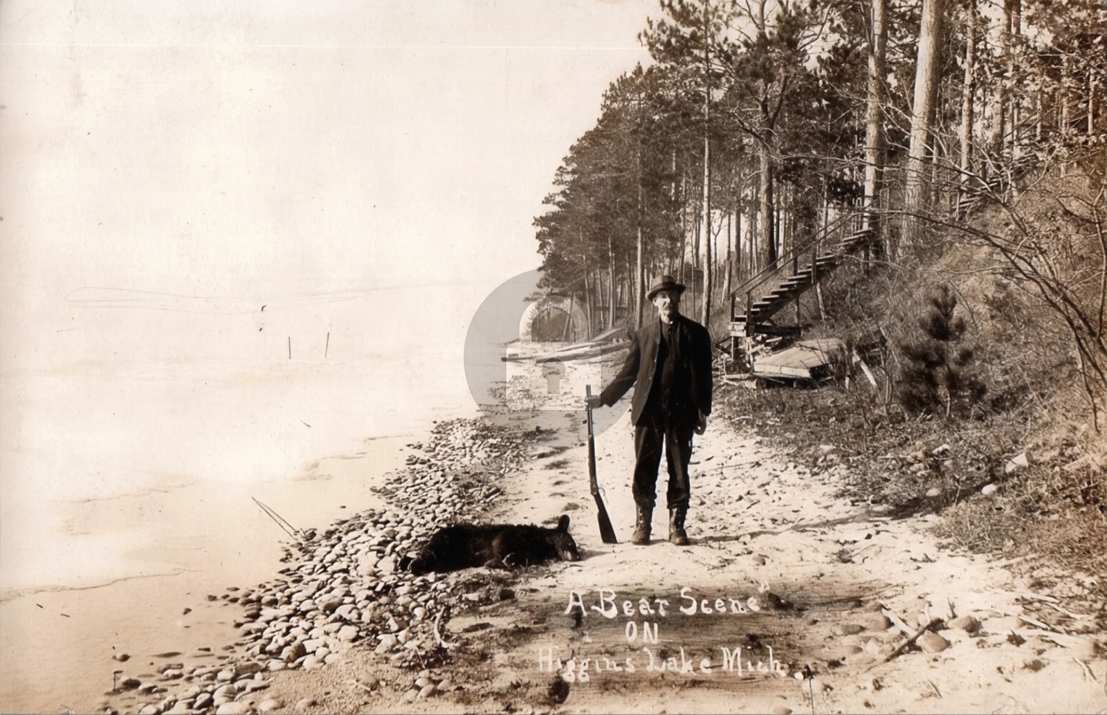 c1910s Bear Hunting Higgins Lake Michigan MI RPPC Photo Postcard COPY