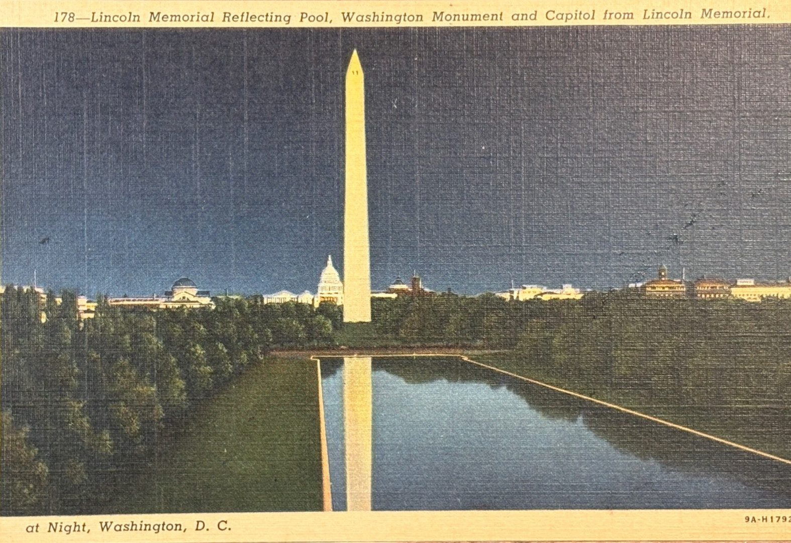 Original 1939 Washington DC Monument Reflecting Pool Night Curt Teich Postcard