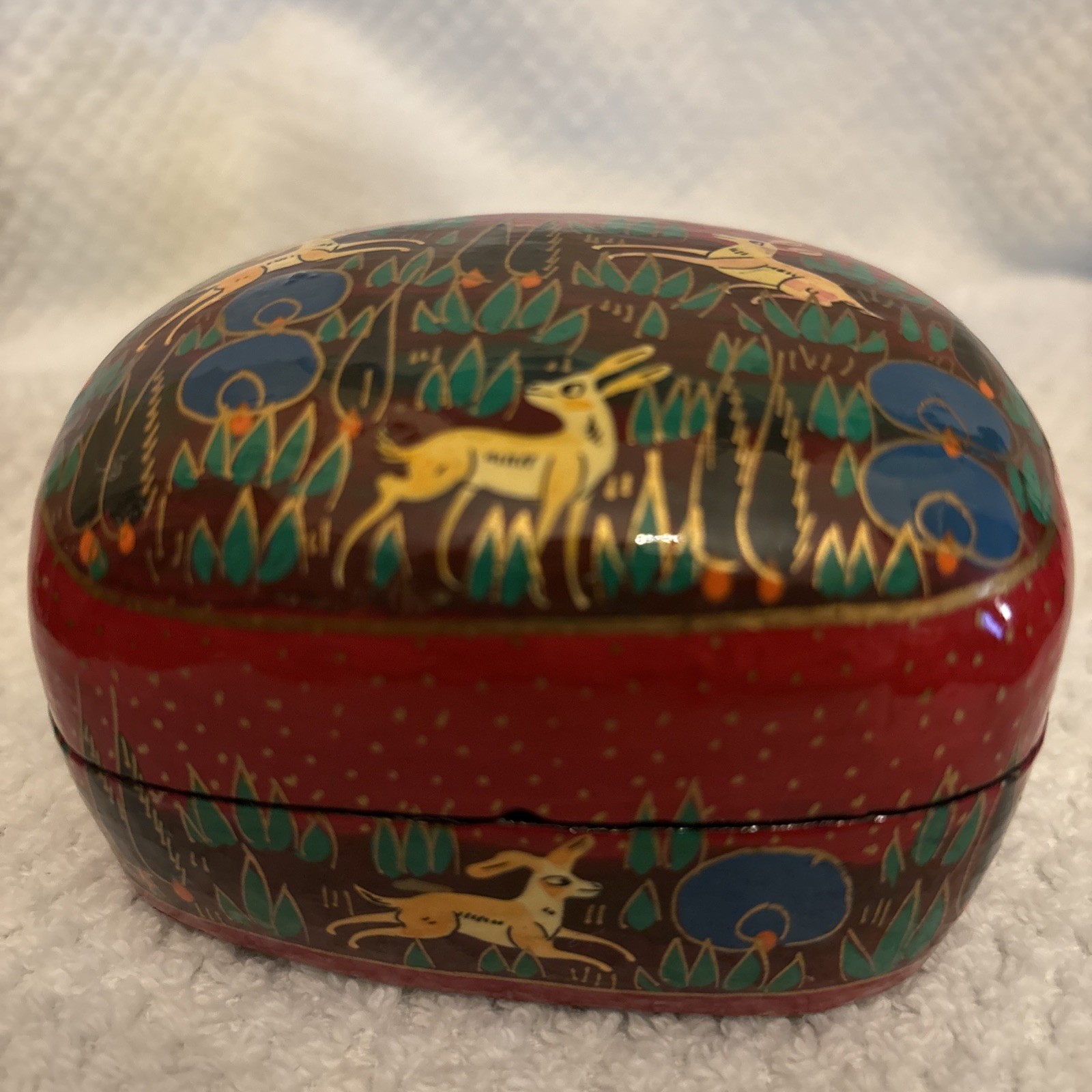 Vintage Handmade In Kashmir Paper Mache Box With Handpainted Animals 