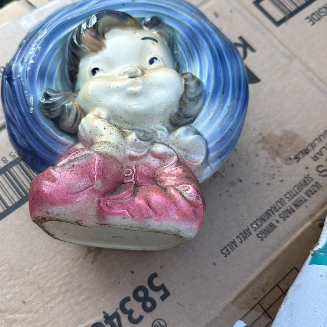 Vintage Royal Copley Pottery Wall Planter - Girl In Big Brimmed Blue Hat