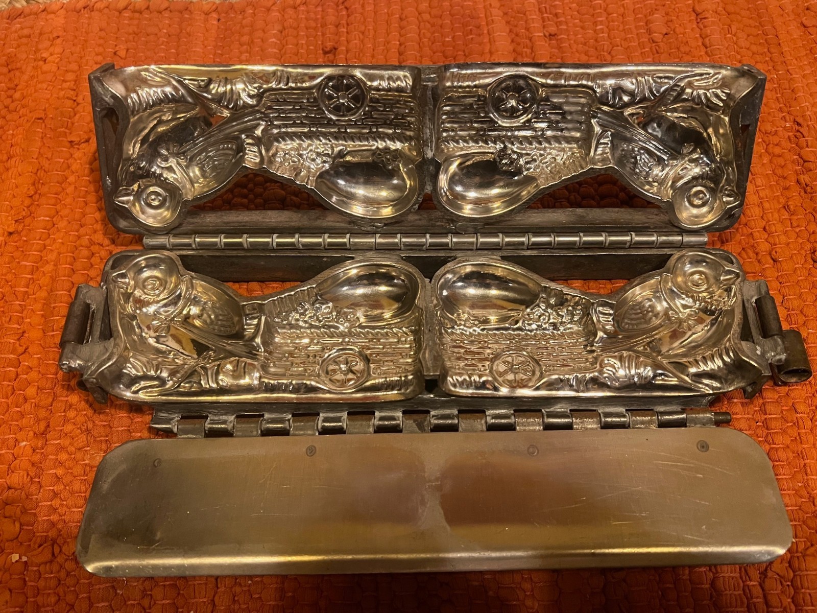 Antique German Double Chocolate Mold Chick Pulling Wagon Egg Flowers Easter Tin