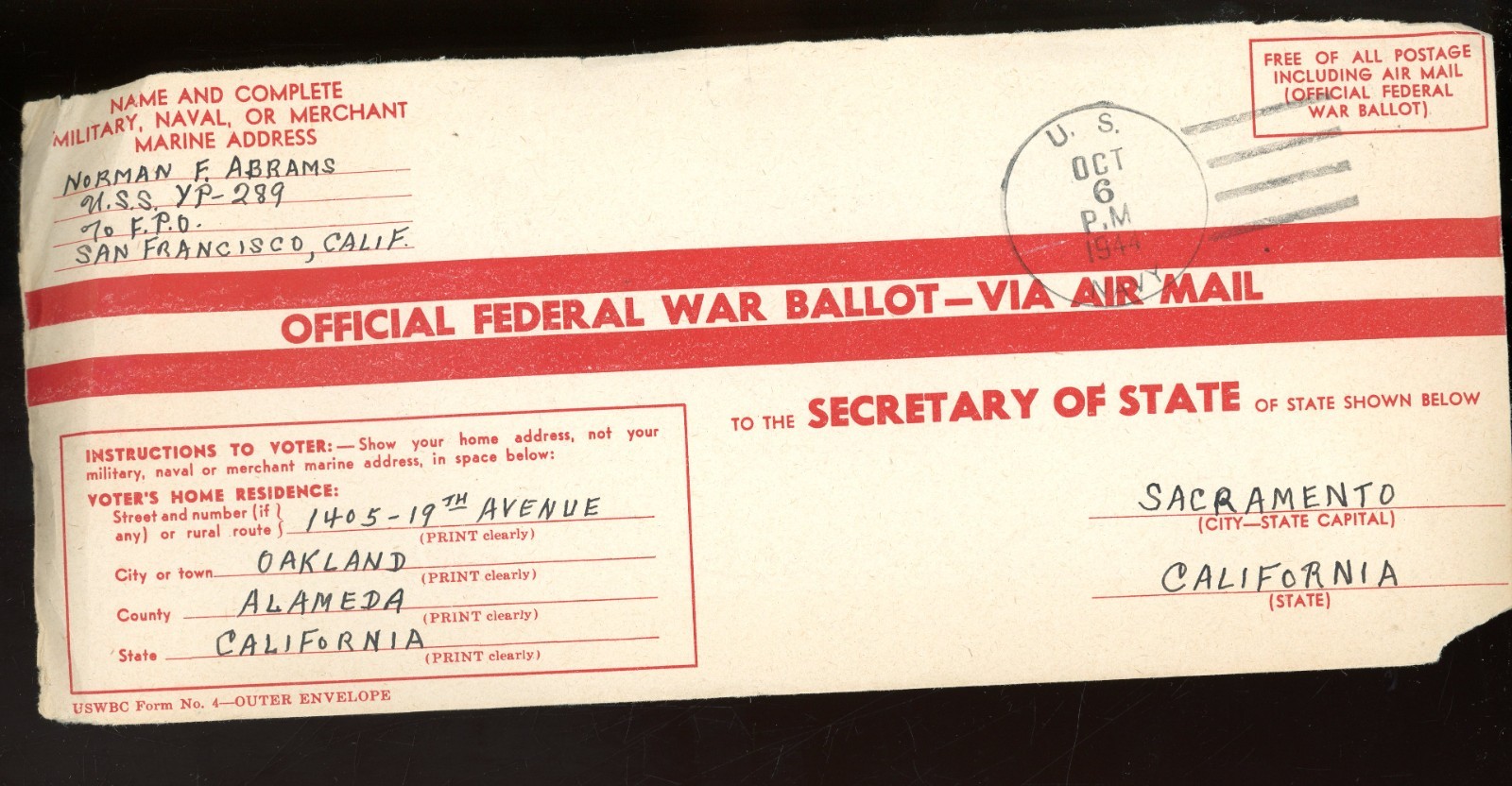 1944-U.S. Navy-Official Federal War Ballot-from Norman Abrams-Oakland, Calif.