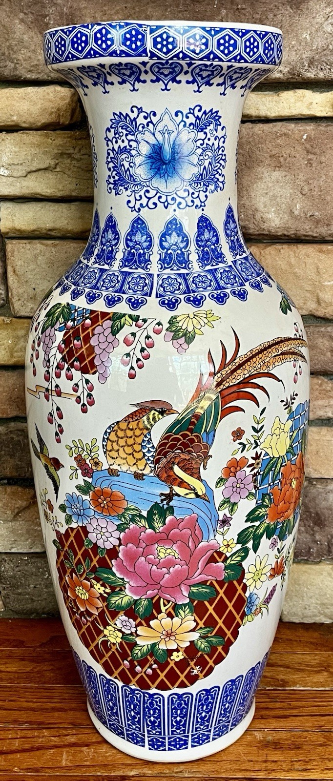 Vintage MCM Chinese Porcelain Floor Vase w/ Pheasants, Peonies and Lotus Flowers