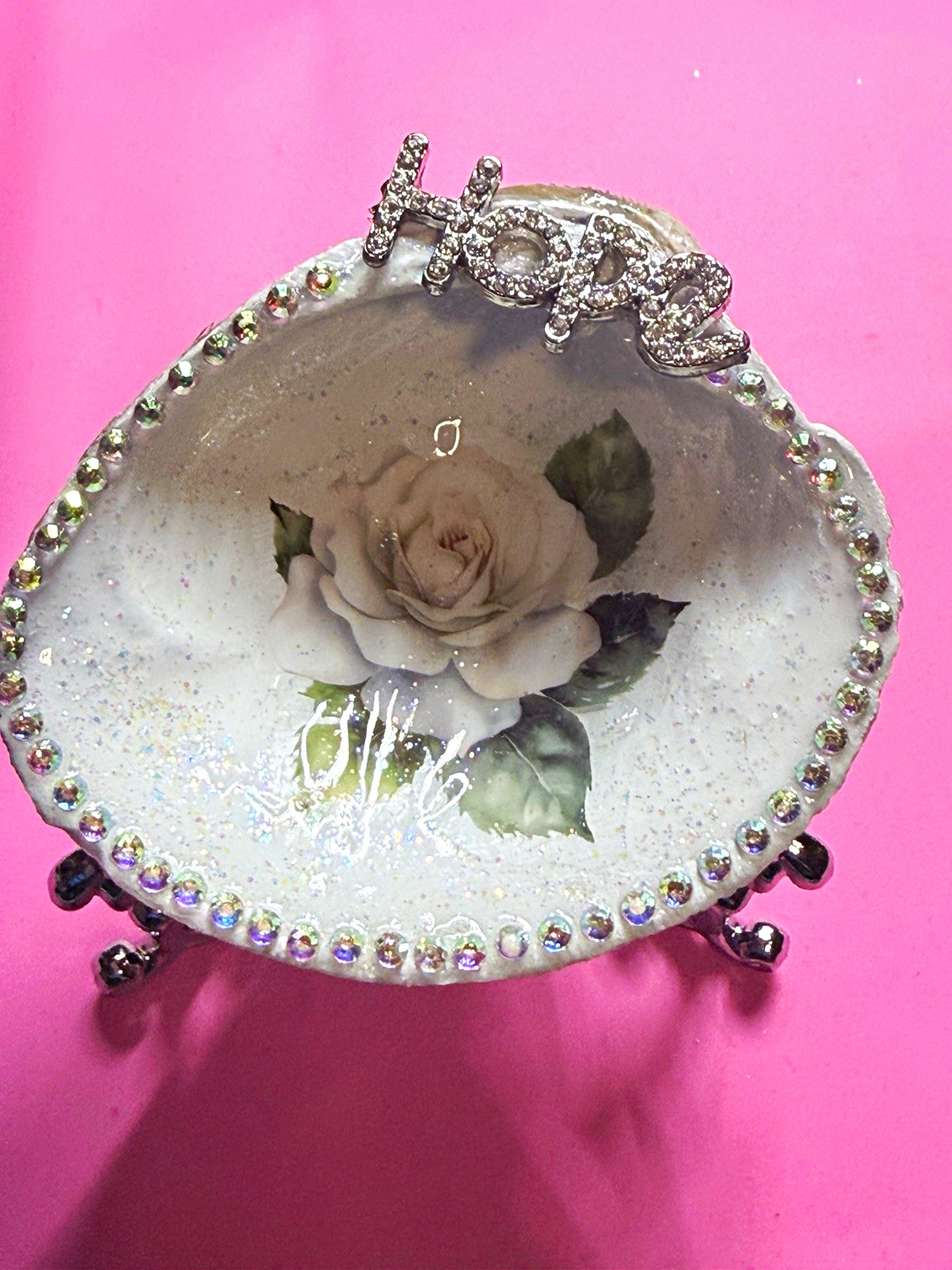 Decorative Seashell Trinket Dish w/ Floral Rose & Rhinestone Accents