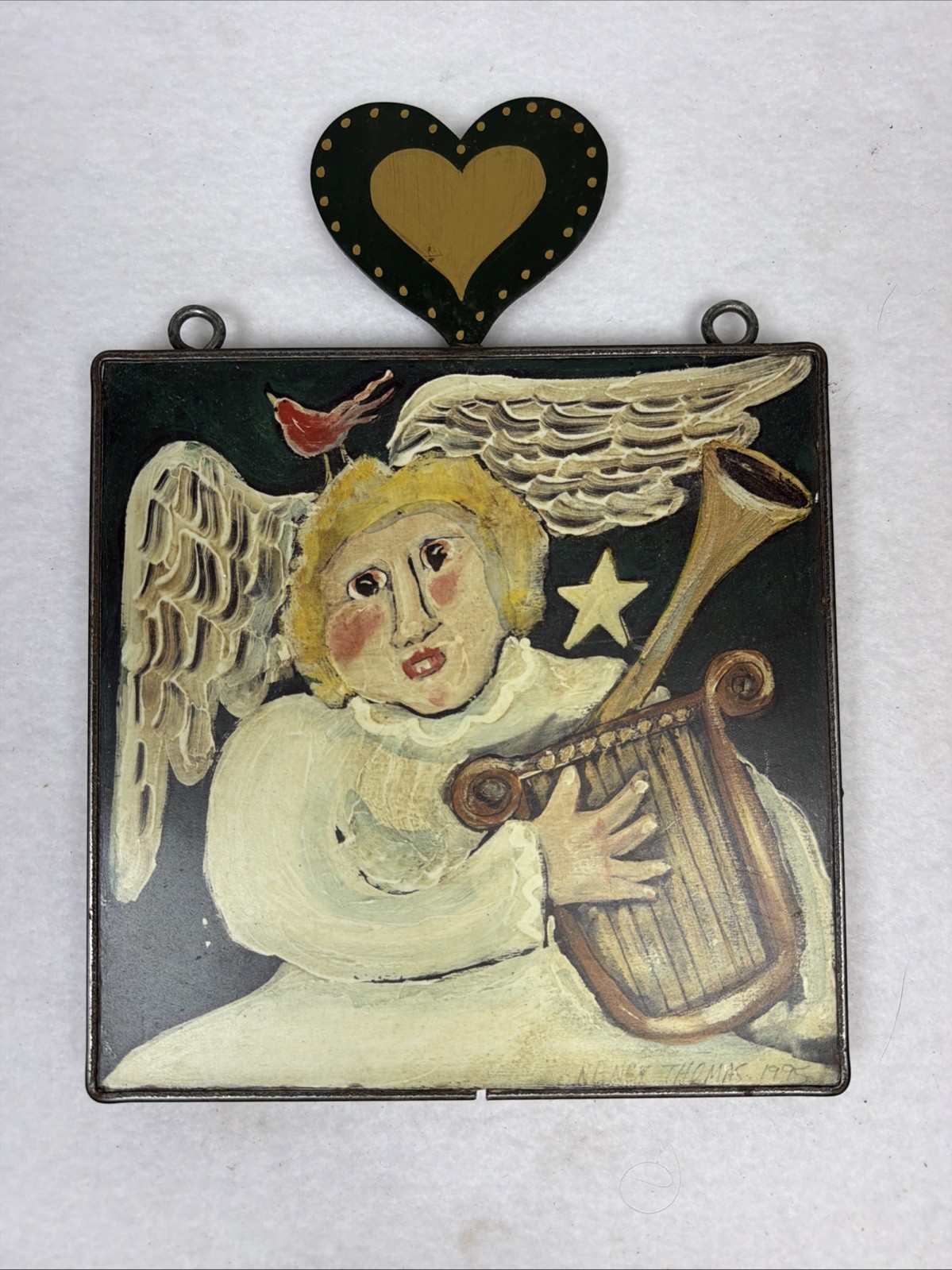 Vintage 1995 Nancy Thomas Folk Art Metal Plaque Music Maker Angel With Harp