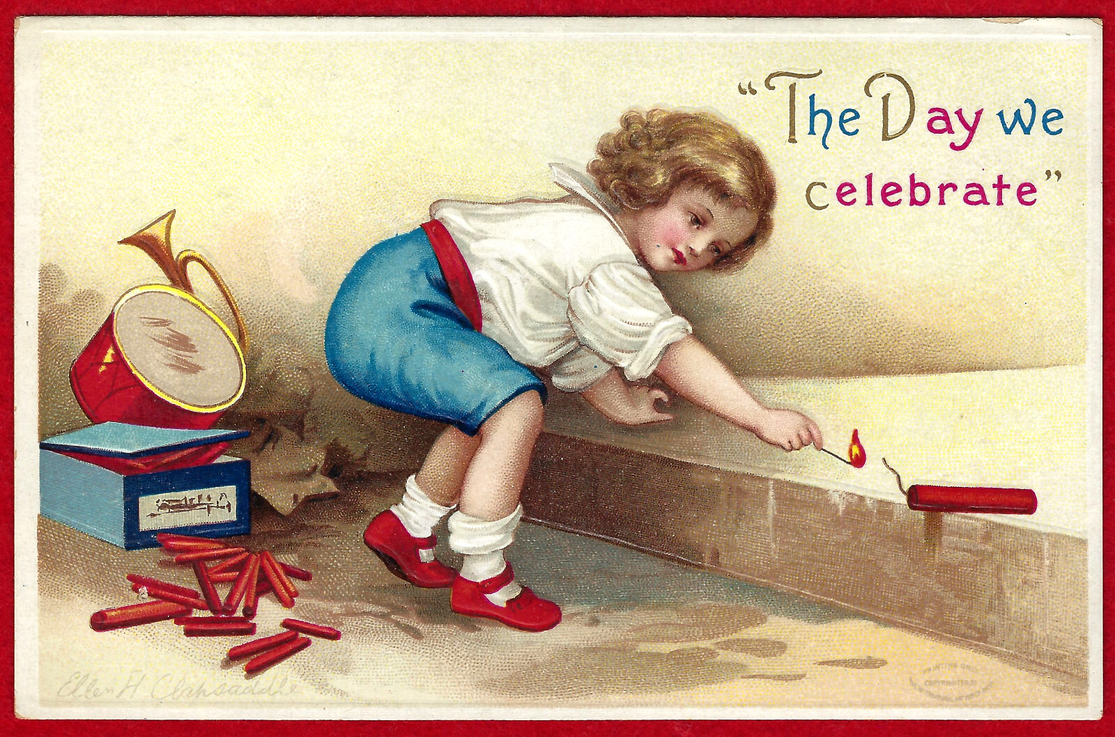 Vtg 4th of July Boy Lighting Firecrackers A/S Clapsaddle PC Emb c1910 Near Mint
