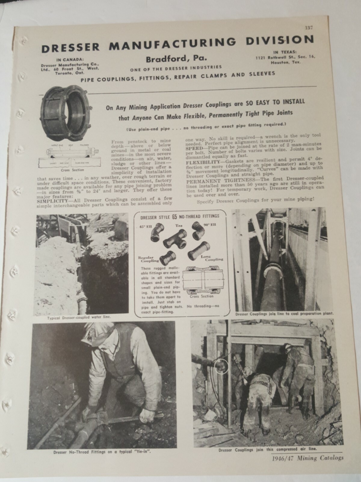 1947 print ad DRESSER MANUFACTURING Bradford Pennsylvania coal mine pipe couplin