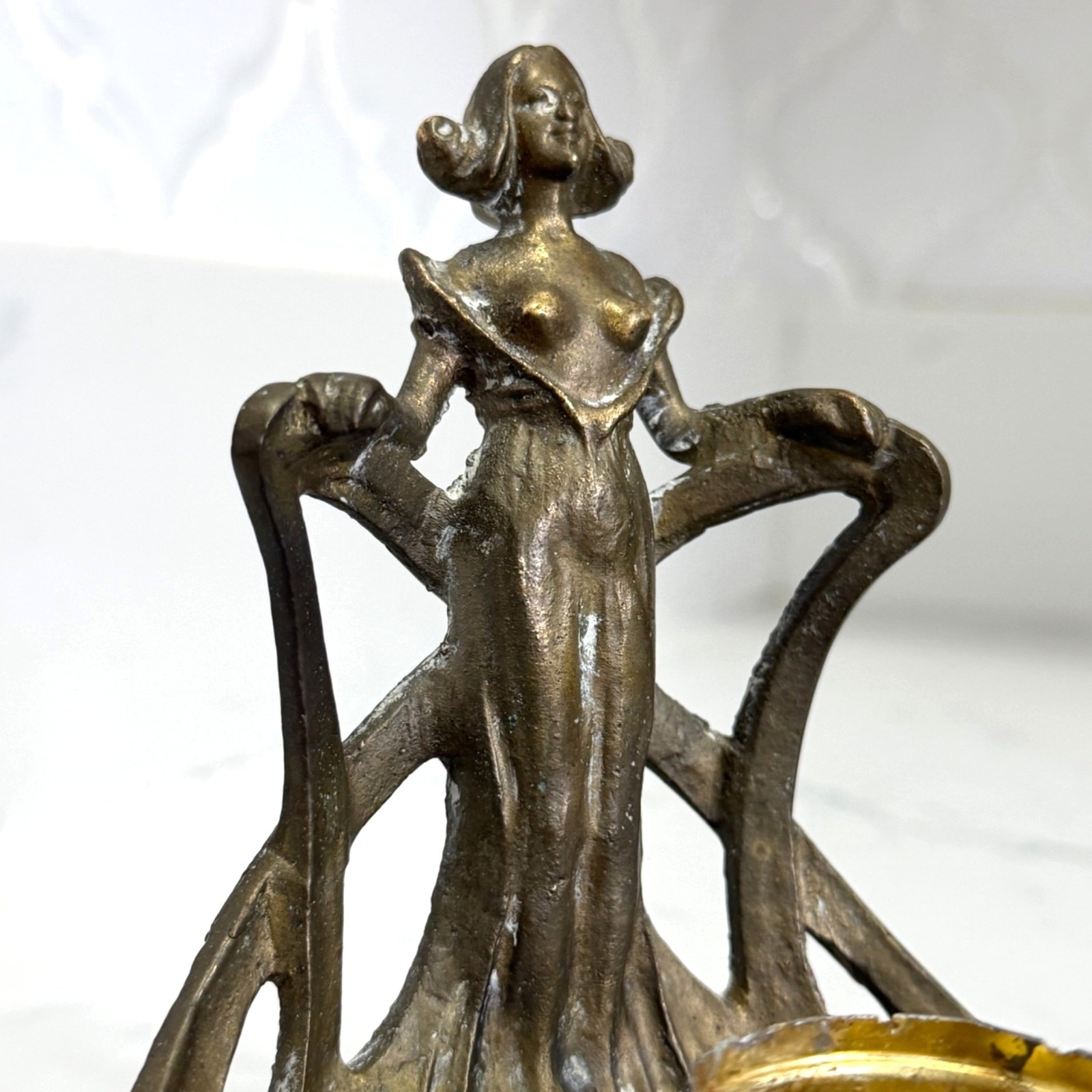 Art Nouveau Antique Brass Nude Woman Inkwell Goddess Desk Decor Elegant Display