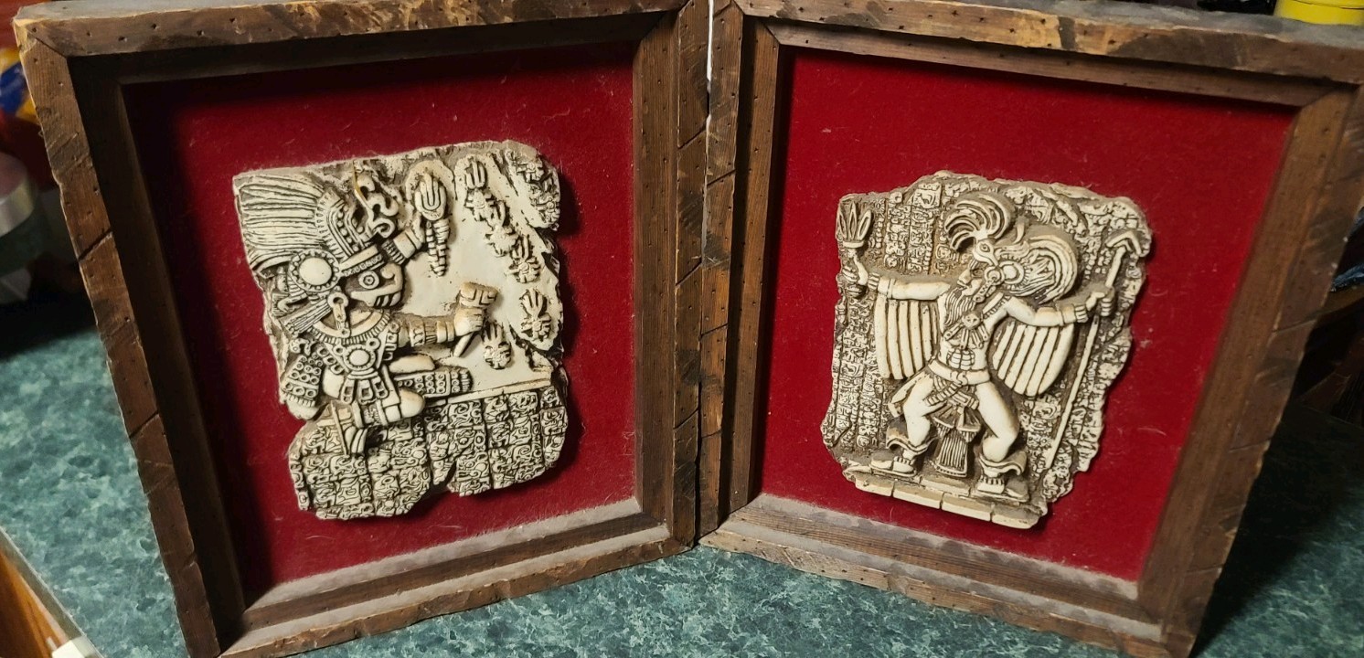 Vintage Zarebski Style Mayan Aztec Crushed Malachite 3D Wall Plaque Wood Frame 