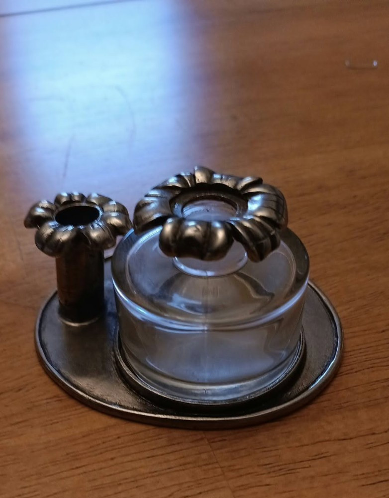 Vintage French Pewter Etain 94% Glass Inkwell Pen Rest Made in France