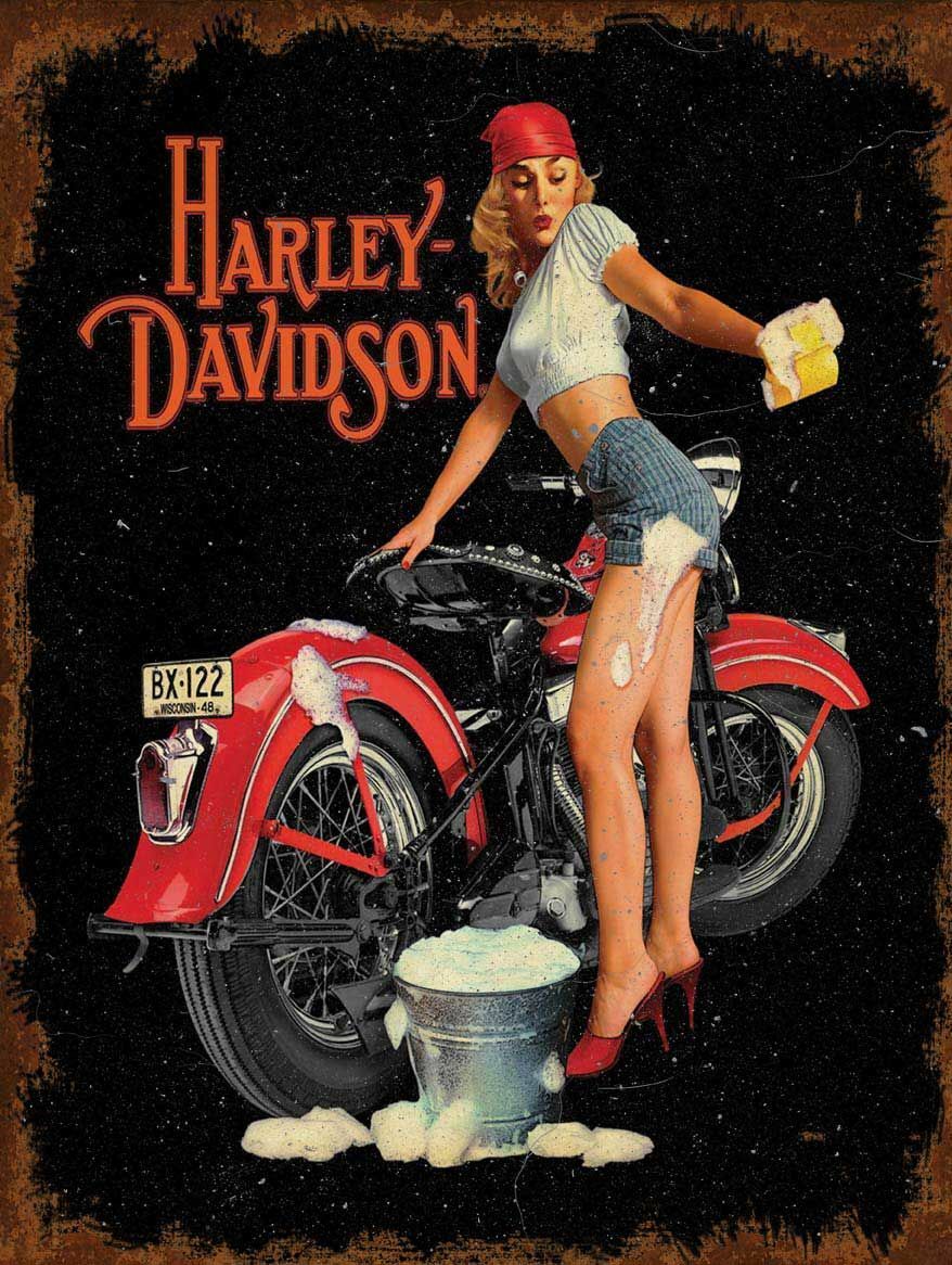 HARLEY DAVIDSON HOT GIRL WASHES BIKE HEAVY DUTY USA MADE METAL ADVERTISING SIGN