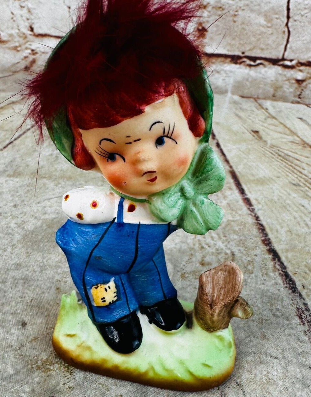 vtg ceramic little boy figurine with hair Japan adorable keepsake