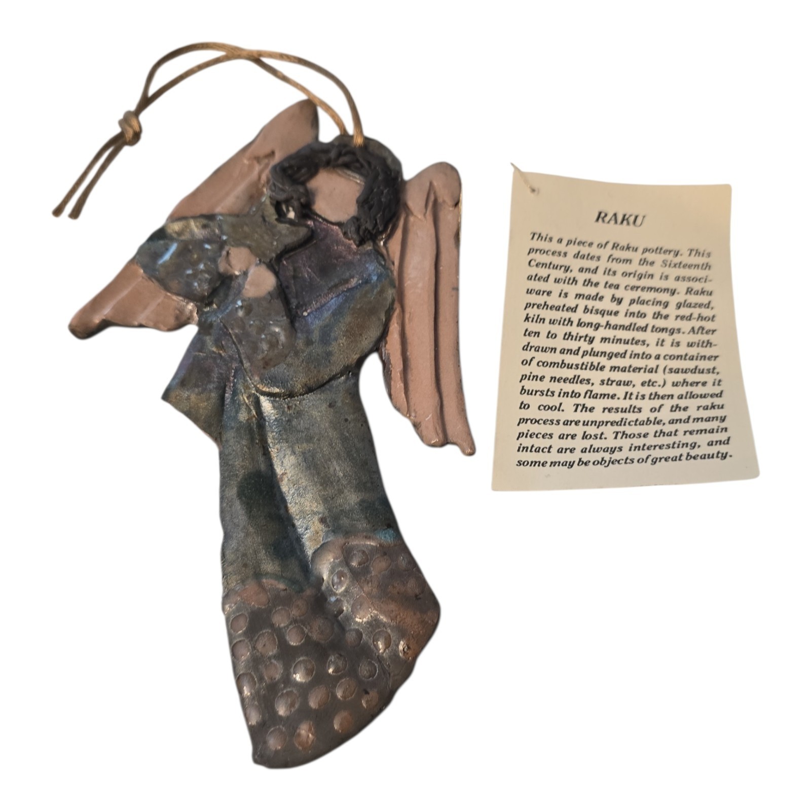 Honora Bird Raku Pottery Christmas Angel Holding A Star Ornament