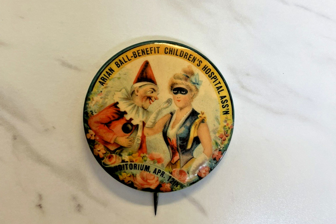 RARE vtg 1896 Whitehead & Hoag celluloid Halloween pin of Clown & masked woman