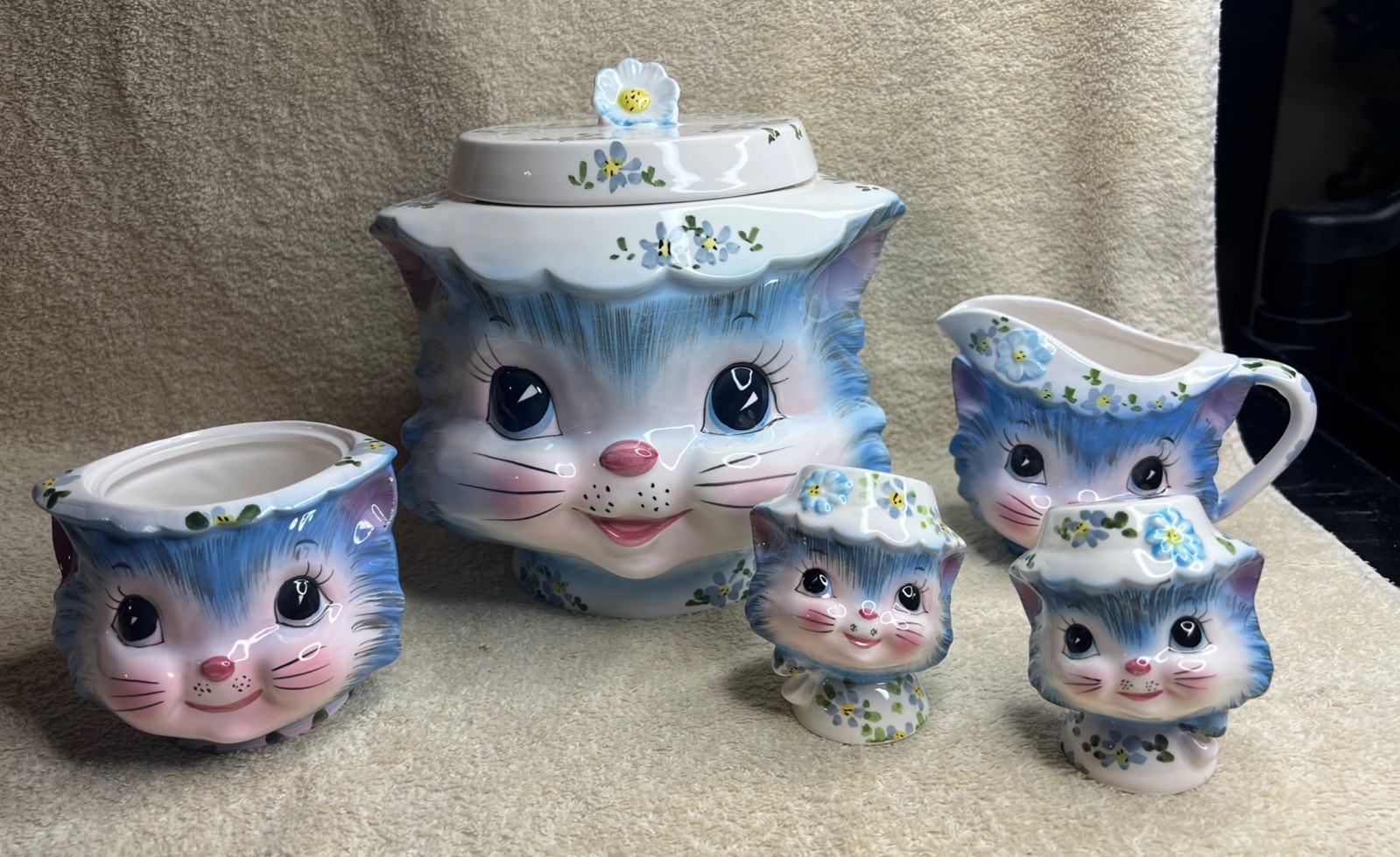 Vintage Lefton Miss Priss Cat Tea Set 6 Piece Teapot Sugar Creamer Salt Pepper