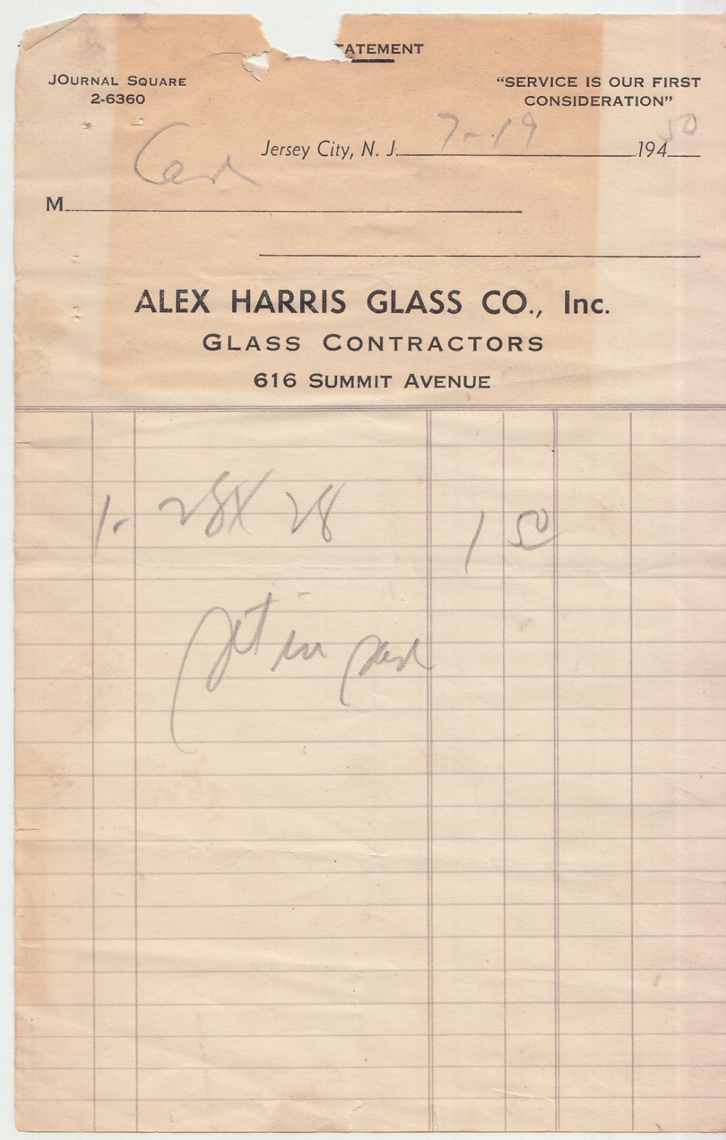 1950 Alex Harris Glass Co 616 Summit Ave Jersey City NJ Billhead