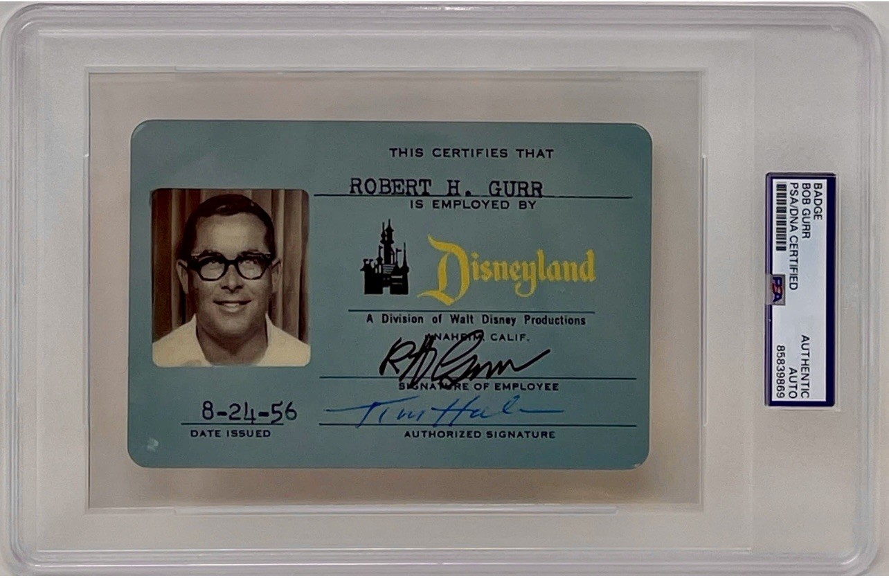 Bob Gurr Signed Disneyland Employee ID Badge Repo Walt Disney Imagineer PSA/DNA