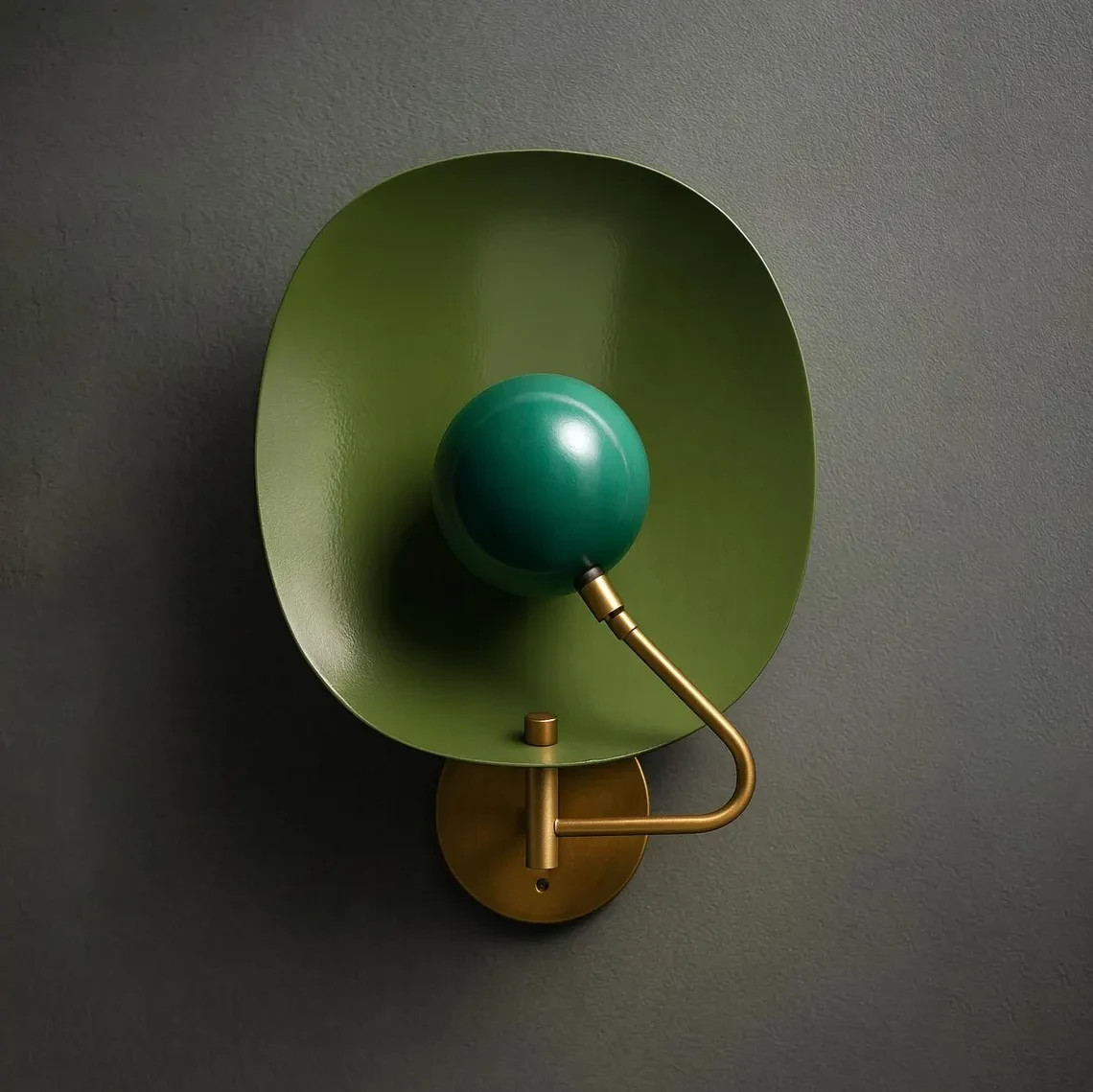 Mid-Century Modern Brass Wall Sconce Adjustable Green Enamel Shield with Opal