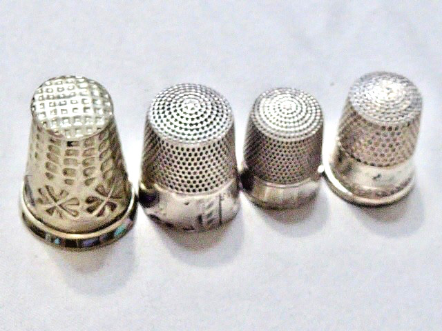 VINTAGE  VICTORIAN 3 STERLING THIMBLES 1 MEXICAN SILVER PLATE ABALONE THIMBLE