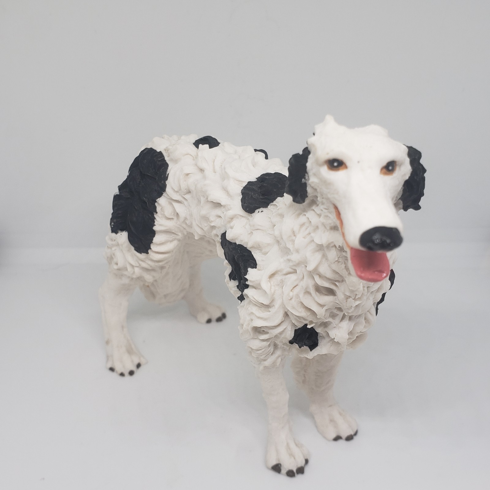 Borzoi Russian Wolfhound Dog Resin Figurine White & Black Textured Sculpted Coat