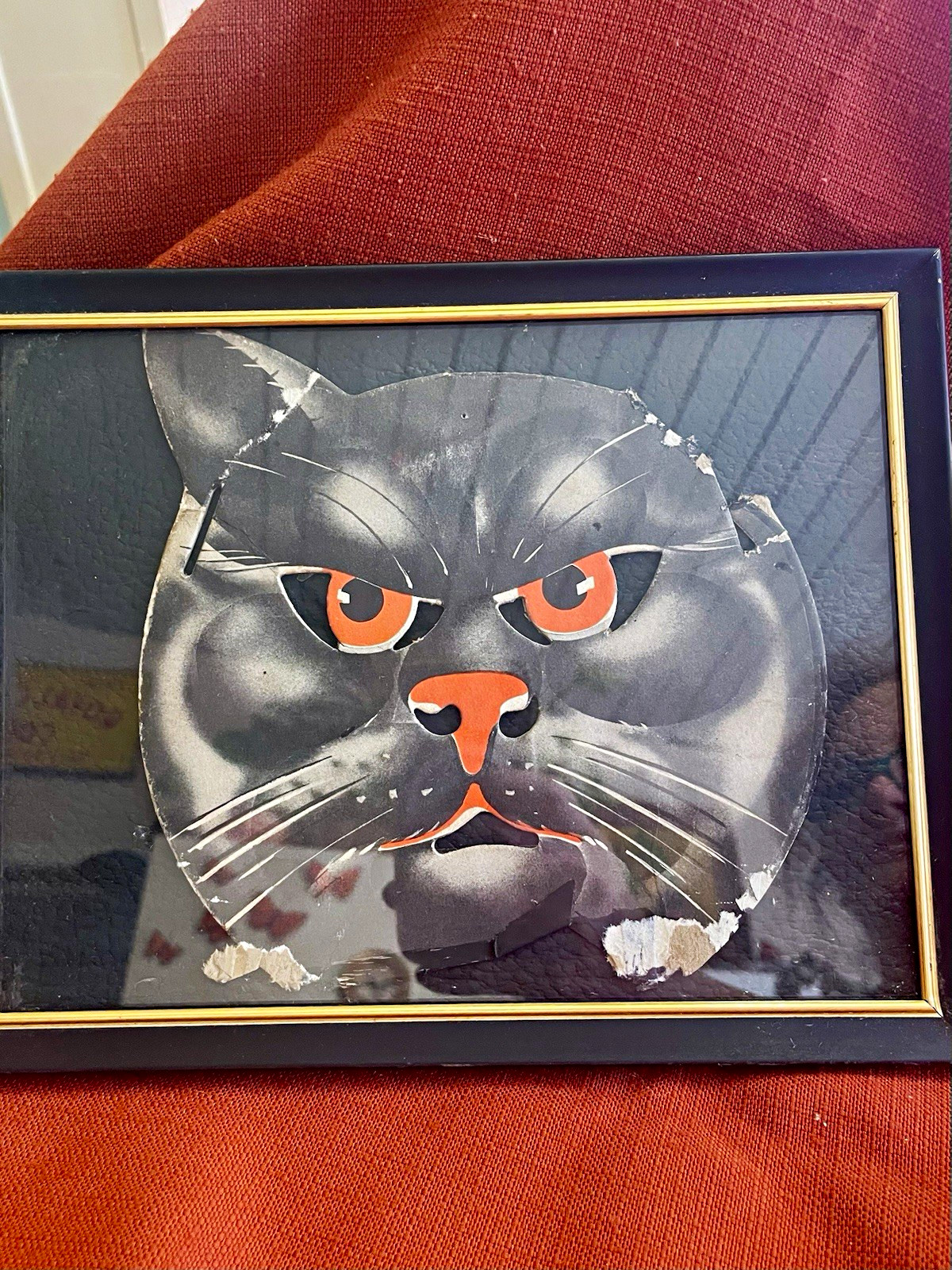 Vintage Framed Black Cat Face Cutout/Halloween/Part of Old Container 